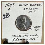 1943-S WHEAT PENNY CENT MULT ERRORS CLOGGED DIES 1943-S WHEAT PENNY CENT MULT ERRORS CLOGGED DIES