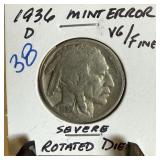 1936-D BUFFALO NICKEL SEVERE ROTATED DIES 1936-D BUFFALO NICKEL SEVERE ROTATED DIES
