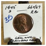 1945-S WHEAT PENNY CENT UNC RAINBOW COLOR 1945-S WHEAT PENNY CENT UNC RAINBOW COLOR