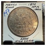 1872 MOM MEXICO SILVER 1 PESO HIGH GRADE