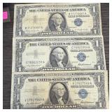 3PC $1 SILVER CERTIFICATES CURRENCY NOTES