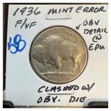 1936 BUFFALO NICKEL CLASHED OBV DIE