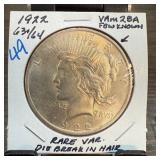 1922 PEACE SILVER DOLLAR VAM 2BA DIE BREAK IN HAIR