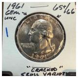 1961 WASHINGTON SILVER QUARTER CRACKED SKULL