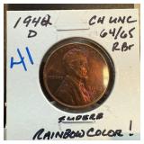 1942-D WHEAT PENNY CENT UNC RAINBOW COLOR