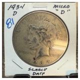 1934-D PEACE SILVER DOLLAR MICRO D SCARCE DATE