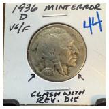 1936-D BUFFALO NICKEL CLASHED W REV DIE