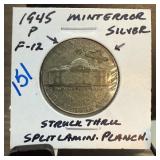 1945-P JEFFERSON SILVER WAR NICKEL LAMINATION ERR