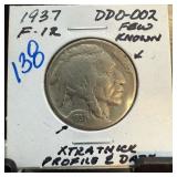 1937 BUFFALO NICKEL DDO-002 EXTRA THICK DATE PROF