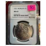 1921 MORGAN SILVER DOLLAR NGC GRADED MS63