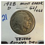 1928-D BUFFALO NICKEL SEVERE ROTATED DIES