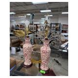 2PC RED & WHITE ENGLISH FLORAL PORCELAIN LAMPS
