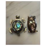 2PC ALPACA ABALONE TURTLE & OWL PINS 2PC ALPACA ABALONE TURTLE & OWL PINS