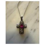 STERLING SILVER RUBY CROSS PENDANT & CHAIN STERLING SILVER RUBY CROSS PENDANT & CHAIN