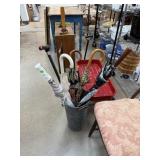 LOT OF UMBRELLAS W METAL BUCKET