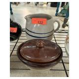 STONEWARE POTTERY PITCHER & LIDDED BOWL