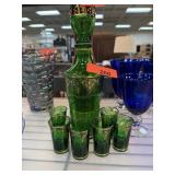 VINTAGE GREEN GLASS GILT DECANTER & CUPS SET