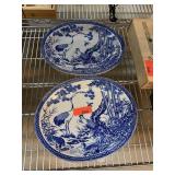 2PC BLUE & WHITE OVAL CRANE JAPANESE PLATTERS
