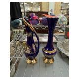 2PC BLUE & GOLD EWER & BUD VASE