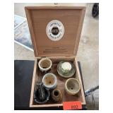CIGAR BOX W MIXED POTTERY PIECES & MORTAR PESTLE