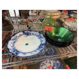 LOT OF GLASS BOWLS / FLOW BLUE PLATES W CHIPS