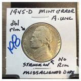 1945-D JEFFERSON NICKEL STRUCK THRU MULT ERRORS