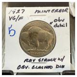1927 BUFFALO NICKEL REV STRUCK W OBV CLASHED DIE