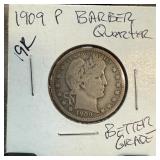 1909 BARBER SILVER QUARTER BETTER GRADE