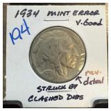 1934 BUFFALO NICKEL STRUCK BY CLASJED DIES