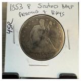 1853 SEATED LIBERTY SILVER HALF DOLLAR ARROWS RAYS