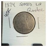 1874 SEATED LIBERTY SILVER QUARTER