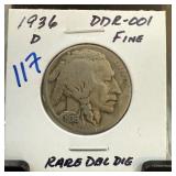 1936-D BUFFALO NICKEL DDR-001 DOUBLE DIE