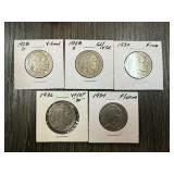5 PIECE BUFFALO NICKELS