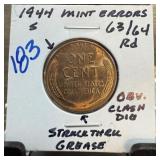 1944-S MEMORIAL PENNY CENT STRUCK THRU OBV