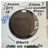 1859 CANADA 1C ERROR STRUCK THRU OVER US SHIELD