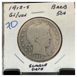 1912-S BARBER SILVER HALF DOLLAR SCARCE DATE