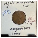 1929/9 S WHEAT PENNY CENT ABRAIDED DIES