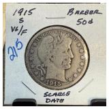 1915-S BARBER SILVER HALF DOLLAR SCARCE DATE