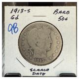 1913-S BARBER SILVER HALF DOLLAR SCARCE