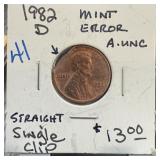 1982-D MEMORIAL PENNY CENT AU STRAIGHT SINGLE CHI