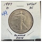 1937-D WALKING LIBERTY SILVER HALF DOLLAR SCARCE
