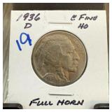 1936-D BUFFALO NICKEL FULL HORN