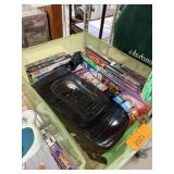 BIN OF VHS TAPES & REWINDER BIN OF VHS TAPES & REWINDER