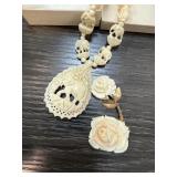 BONE NECKLACE & CARVED BONE ROSE BROOCHES