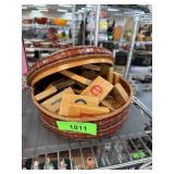 LOT OF MISC WOOD BLOCK LETTERS W BASKET BOX
