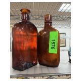 2PC ANTIQUE GLASS BOTTLES AMBER COLORED