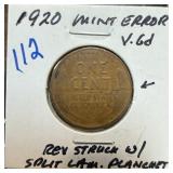 1920 WHEAT PENNY CENT ERROR REV STRUCK THRU 1920 WHEAT PENNY CENT ERROR REV STRUCK THRU