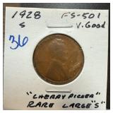 1928-S WHEAT PENNY CENT CHERRY PICKER LARGE S 1928-S WHEAT PENNY CENT CHERRY PICKER LARGE S