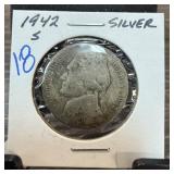 1942-S JEFFERSON SILVER WAR NICKEL 1942-S JEFFERSON SILVER WAR NICKEL