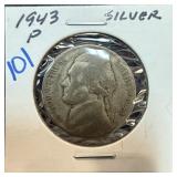 1943-P JEFFERSON SILVER WAR NICKEL 1943-P JEFFERSON SILVER WAR NICKEL